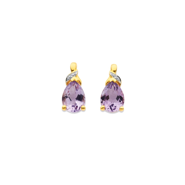 9ct, Rose Amethyst & Diamond Earrings