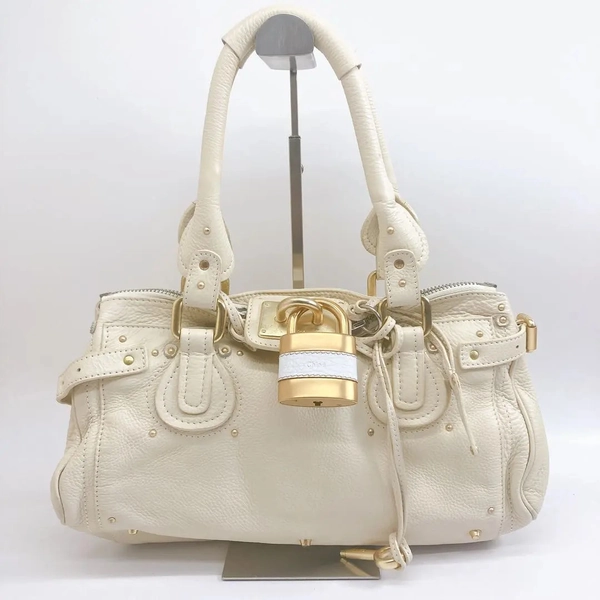 Auth Chloe Paddington White Leather Tote Bag Shoulder Bag Y2K Style Padlock GOOD