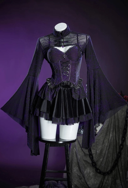 Gothic Black and Purple Corset Skirt Suit Spider Web Pattern Top and Skirt with Cover-up