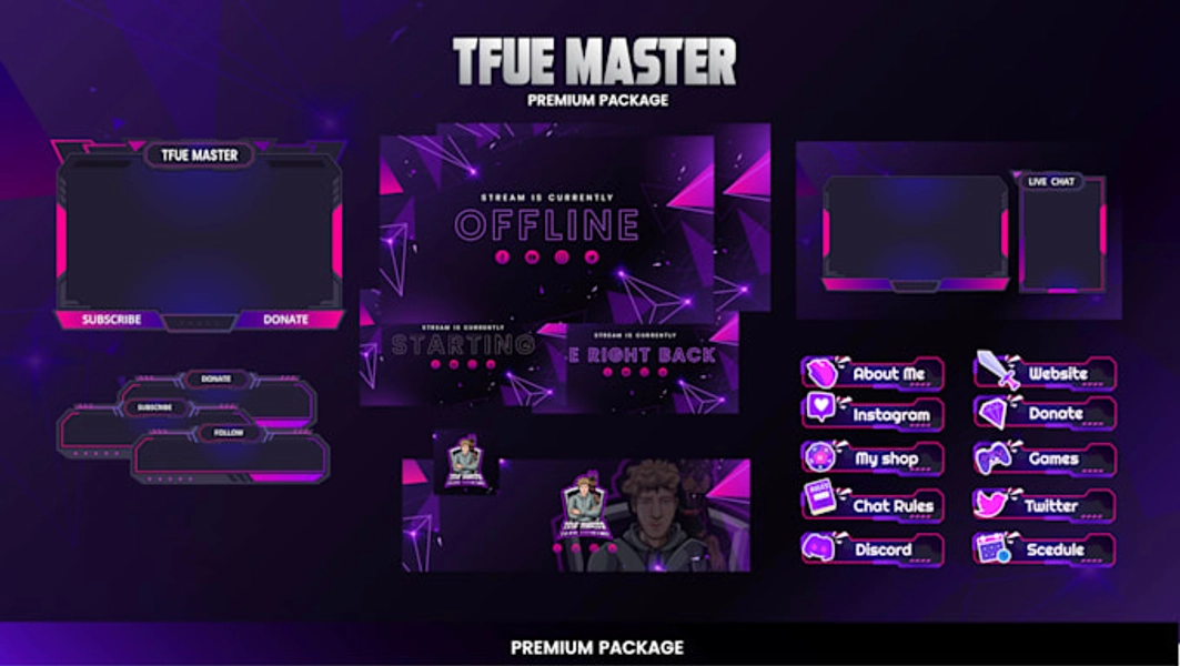 design animated twitch stream overlay, twitch logo, panels, screens, alert
