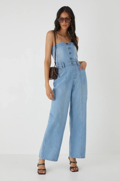 Denim Button Front Bandeau Jumpsuit