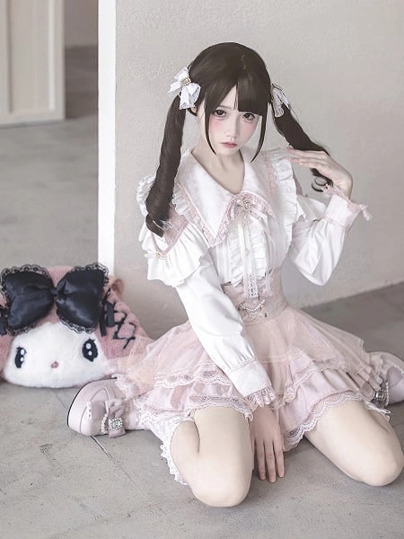 Sweetness White Jirai Kei Blouse with Pointed Flat Collar and Delicate Pink Lace Cutouts