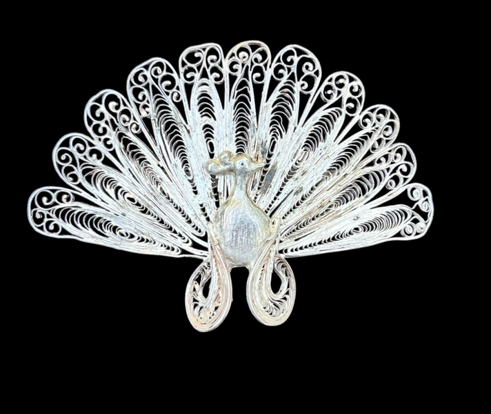 Peacock Brooch Sterling Filigree Large Vintage