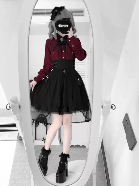 Jirai Kei Pointed Collar Blouse, Black High-Waist Skirt + shipping 