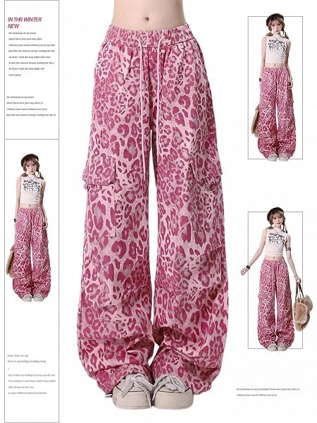 Pink Gyaru Leopard Print Straight-Leg Cargo Pants with Drawstring Waist