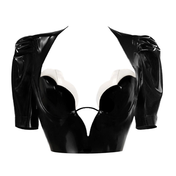 Latex Double Tulip Cup Puff Sleeve Crop Top w/ Contrast Cup in black/supatex white