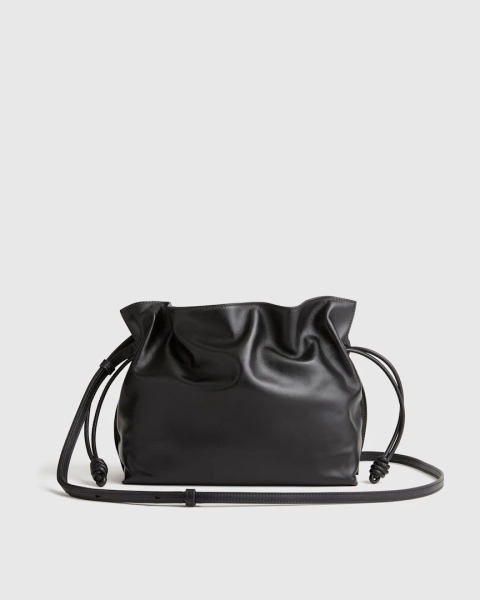 Italian Leather Drawstring Pouch Crossbody in Black