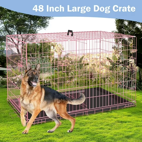 NiamVelo 48 inch Large Dog Crate Dog Cage Dog Kennel, Folding Metal Wire Pet Crate with Handle and Plastic Tray, Indoor&Outdoor, Pink XXL