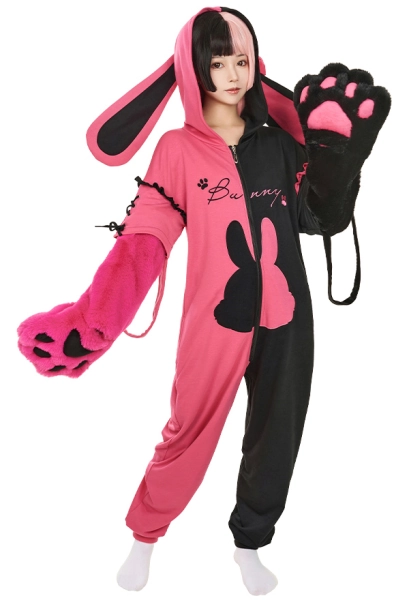 Cherry Bunny Onesie Women Sweet Black and Pink Heart Bunny Pattern Hooded Onesie Pajama with Furry Paw Bag