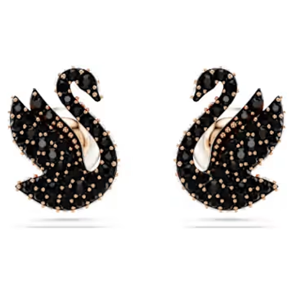 Cercei stud Swan, Perlă de cristal, Lebădă, Negri, Placat cu nuanță roz-aurie