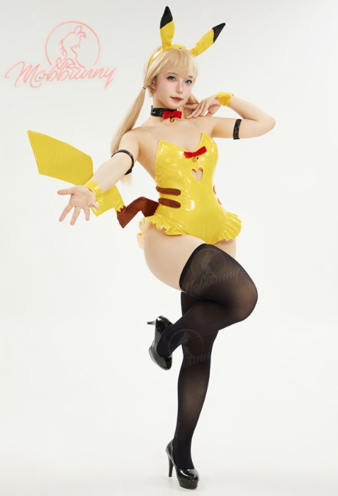 PM Derivative Lingerie Set Bunny Girl Yellow Bodysuit and Headband with Tail Stockings