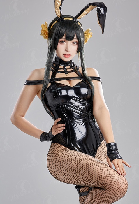 Yor Forger Derivative Bunny Girl Costume Lingerie Deep V Bodysuit with Headband and Gloves