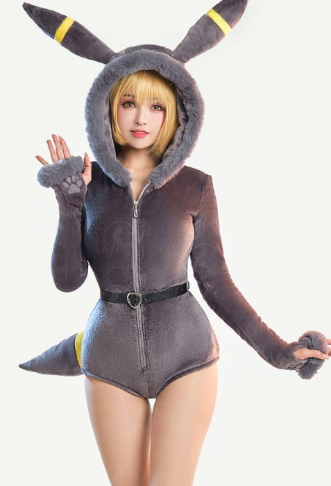 PM Derivative Lingerie Bodysuit Plush Hooded Deep V Romper and Socks with Belt and Tail
