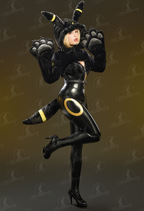 PM Derivative Umbreon Cosplay Costume Set Tight Bodysuit Jacket and Plush Big Paw Hooded Jacket with Tail