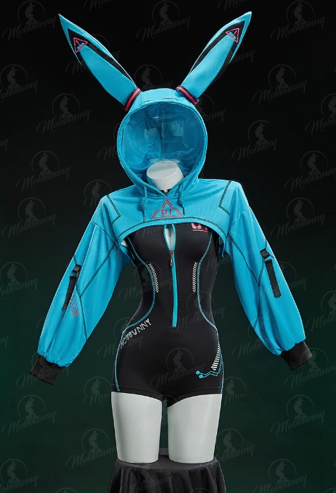 Vocal Derivative Cosplay Cyber Style Tight Sportswear Bodysuit with Hooded Short Jacket and Headdress