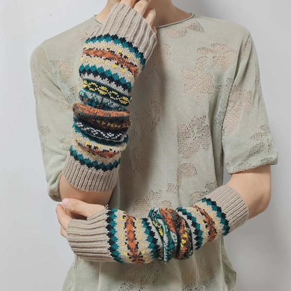 TEMU Women's Bohemian Striped Thickened Extended Fingerless Gloves-winter Arm Warmers With Non-elastic Fit, Boho Style For Dressy Outfits, Cold