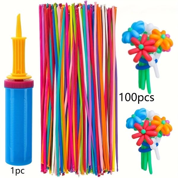 TEMU 100pcs 260q Long Strip Balloon Kit With Pump- Twisted Long Balloons For Making Animal Flowers, Fun Diy Rainbow Balloons For Christmas Party,