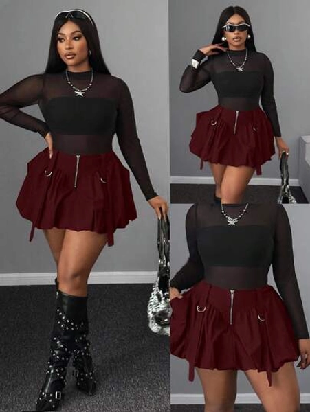 Maweii Plus Size Women Casual Ruffle Hem Solid Color Zipper Sexy Mini Skirt, Suitable For Work And Commute, Autumn/Winter