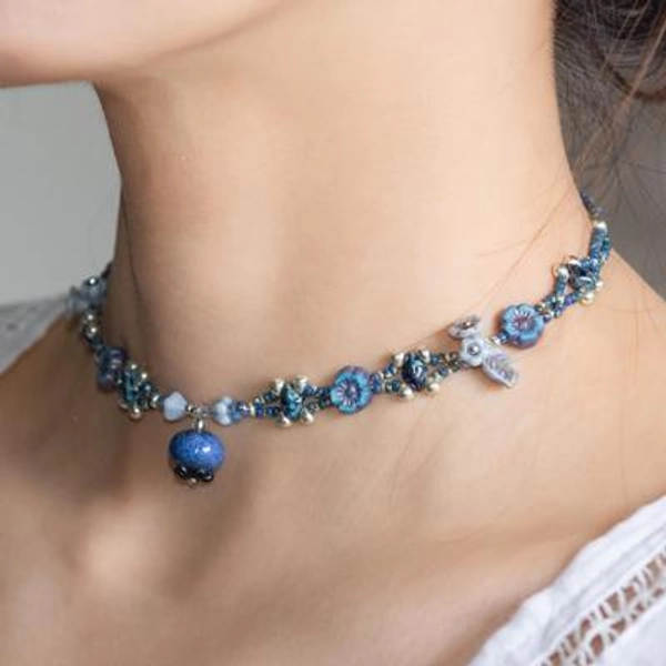 Fairycore Blueberry Choker Necklace - Handmade Beaded Glass Flower Jewelry - Cottagecore Whimsical Blue Fruit Charm Choker, Gift for Her