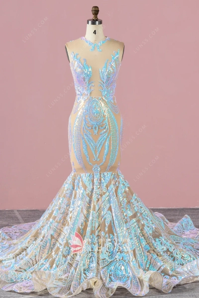 Iridescent Blue & Pink Sequin Illusion Jagged Gown