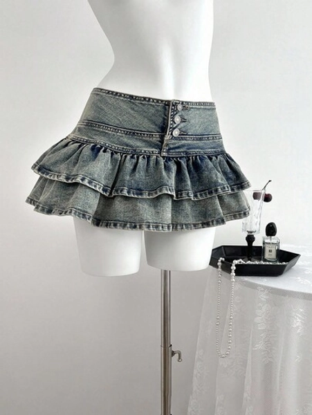 Casual Ruffle Denim Mini Skirt