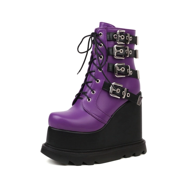 Emma Jones Round Toe Wedges Platforms Ankle Buckle Straps Lace Up Gothic Punks Boots - Purple in Boots - $125.06