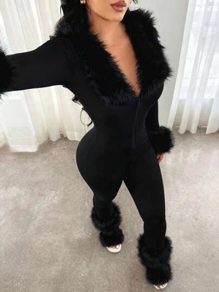  Women's Solid Color Patchwork Faux Fur Zipper Front Size Large