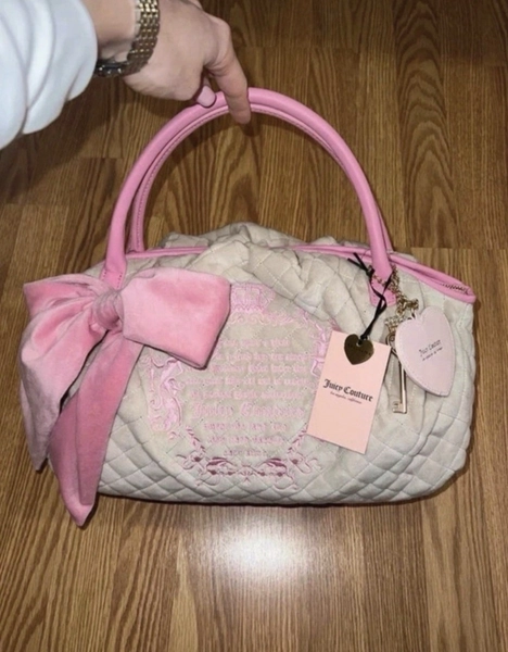 Juicy Couture Sandstorm Quilted Princess Bowler Satchel Cream Pink Bow
