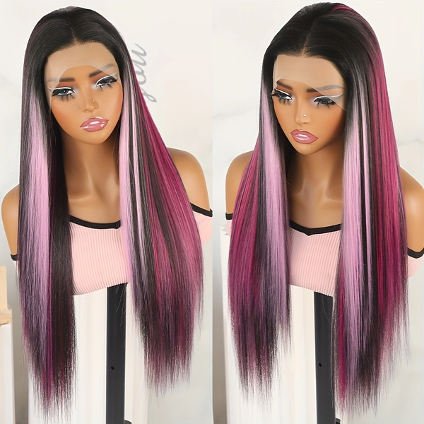 Pink Highlight Rose Red Black Color Hair Wig Synthetic Lace Front Wigs Glueless Wig Long Straight Wigs Mixed Color For Fashion Women Girls Daily Party Wear Pre Plucked Hairline 26 Inch 180% Density Heat Resistant Fiber