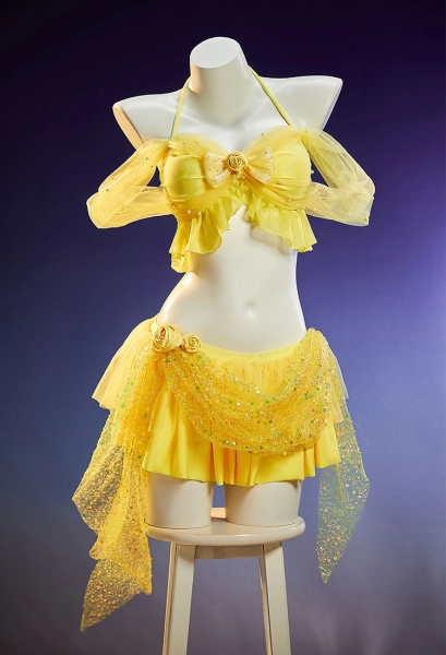 Beauty and the Beast Belle Princess Derivative Two-piece Swimsuit Off-the-shoulder Halter Top with Double-layered Skort