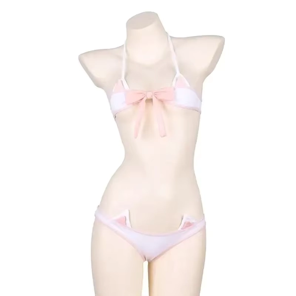 Anime Lolita Pink Bow Mini Bikini Women Set Bandage Pajamas Kawaii Cat Ears Plaid Underwear Panties Women Sweet Pink Lingerie - AliExpress 200000532