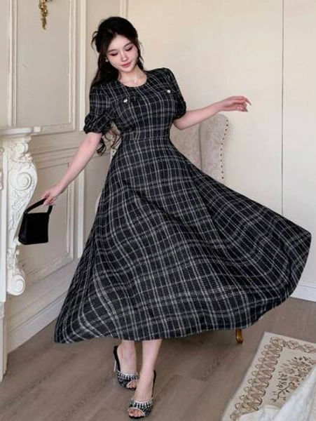 DAZY Casual Elegant Waist Cinched Plaid Puff Sleeve Pocket Decor Midi Dress For Women