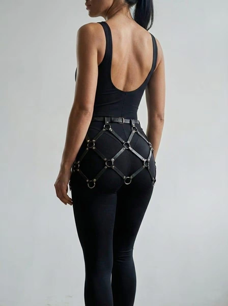 Handmade Black Leather Cage Skirt Harness – Geometric Rave Wear - Primary color: Black
