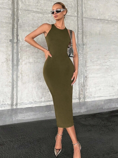 Red Solid Round Neck Bodycon Maxi Dress