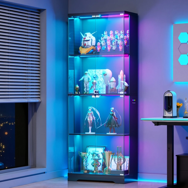 Display Cabinet With Glass Doors, 66.9'' Tall Cabinet With Rgb Lights