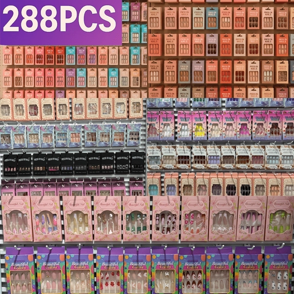 TEMU 288pcs Multi-style Wearable Nail Set | Mixed-style False Nails, Glossy/matte Texture | And Nail Art Pieces | Includes Jelly Glue + Nail File,