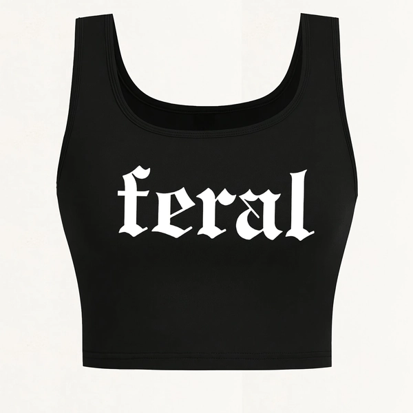 "Wild" Slogan Printed Women'S Sexy Deep Low Round Neck Seamless Sleeveless Cropped Tank Top, Suitable for Spring And Summer, Yoga Top.