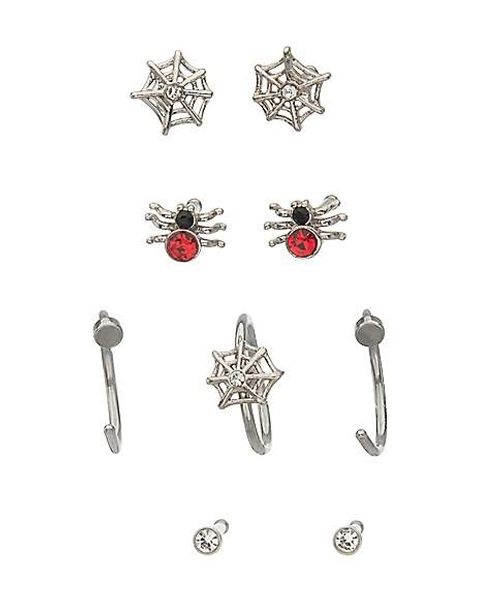 Multi-Pack CZ Spider and Spider Web Hoop and Pin Nose Rings 9 Pack - 20 Gauge