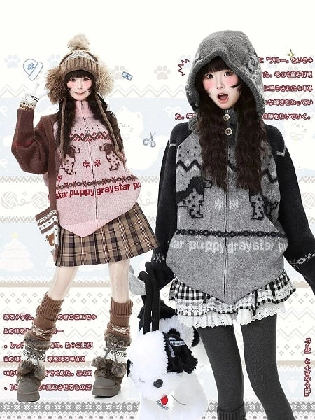 [$45.00]Daily Kawaii Hoodie Jacket in Pink/Black with Letter Graphics & Puppy Pattern