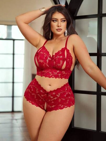 SHEIN Seduluxe 2pcs Plus Size Women Sexy Lace Underwear Set