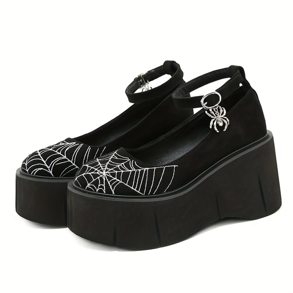 Retro Embroidered Mary Jane Shoes for Women with Thick Platform, Featuring Spider Web Wedge Design Suitable for All Seasons.