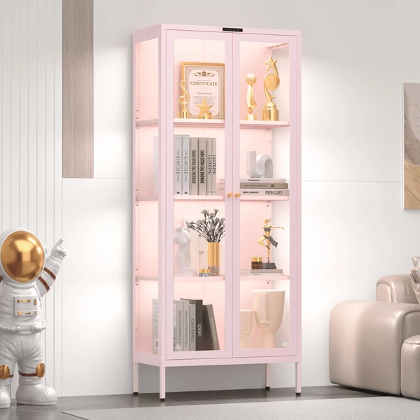 Polup 66''H Pink Metal Curio Cabinet, 8‑Color LED Lights, Glass Doors, 4‑Tier Shelves, Vertical Display for Home Office - Walmart.com