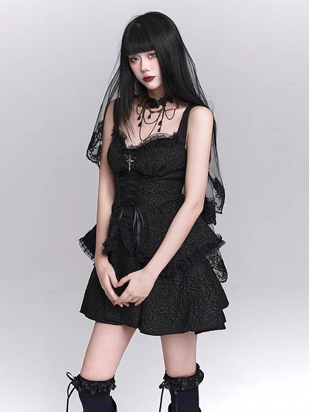 [$39.00]Black Sweetheart Neckline Lace-up Front Tiered Skirt Gothic Sleeveless Dress