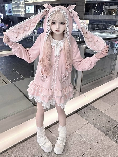 [$79.00]Sweet Pink Jirai Kei Bunny-Eared Hoodie Dress | Tiered Ruffles & Heart Pockets