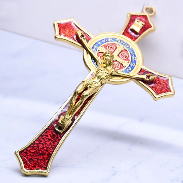 Vintage Metal Hand Hold Cross Crucifix Jesus Holy Religious Carved Christ Red