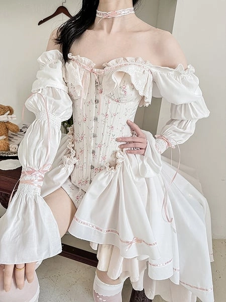 White and Pink Floral Print Corset Top + Bloomers + Train