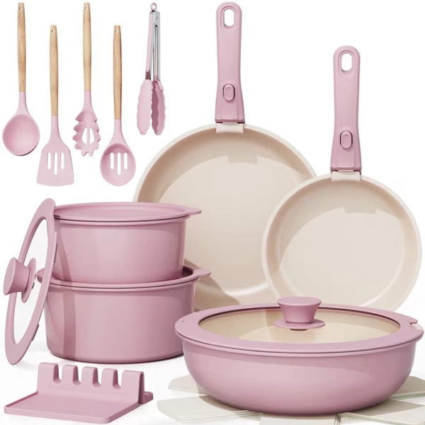 Astercook 20-Piece Ceramic Pots and Pans Set, Nonstick Cookware Set with Detachable Handles, Oven Safe to 480ยฐF, Induction Compatible, Stackable RV Kitchen Cooking Set, Pink