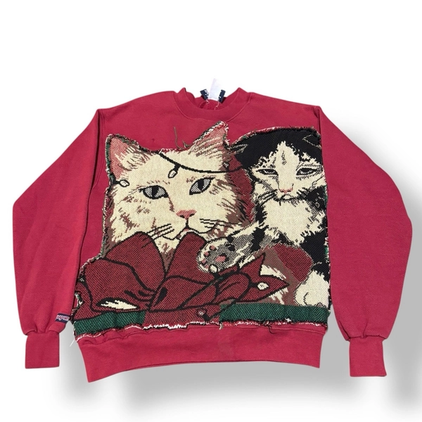 Upcycled Vintage 90s Sweathirt Mens Medium Cats Kitten Present Crewneck Woven