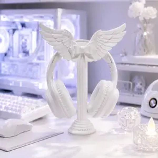 Angel Wings Headphone Stand, White Roman Column Headset Holder, French Aesthetic Desk Decor, Cute Winged Earphone Display Rack, Gaming Bedroom Desktop Organizer, Elegant Gift for Girls Women, Headphone Accessories, Headphone Hanger