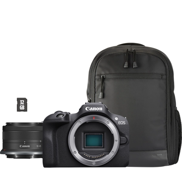 Canon EOS R100 Mirrorless Camera + RF-S 18-45mm F4.5-6.3 IS STM Lens + Backpack + SD Card